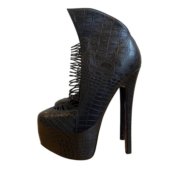 London Trash Black Crocodile Textured Stiletto Heels With Unique Lace-Up Design - Picture 1 of 16